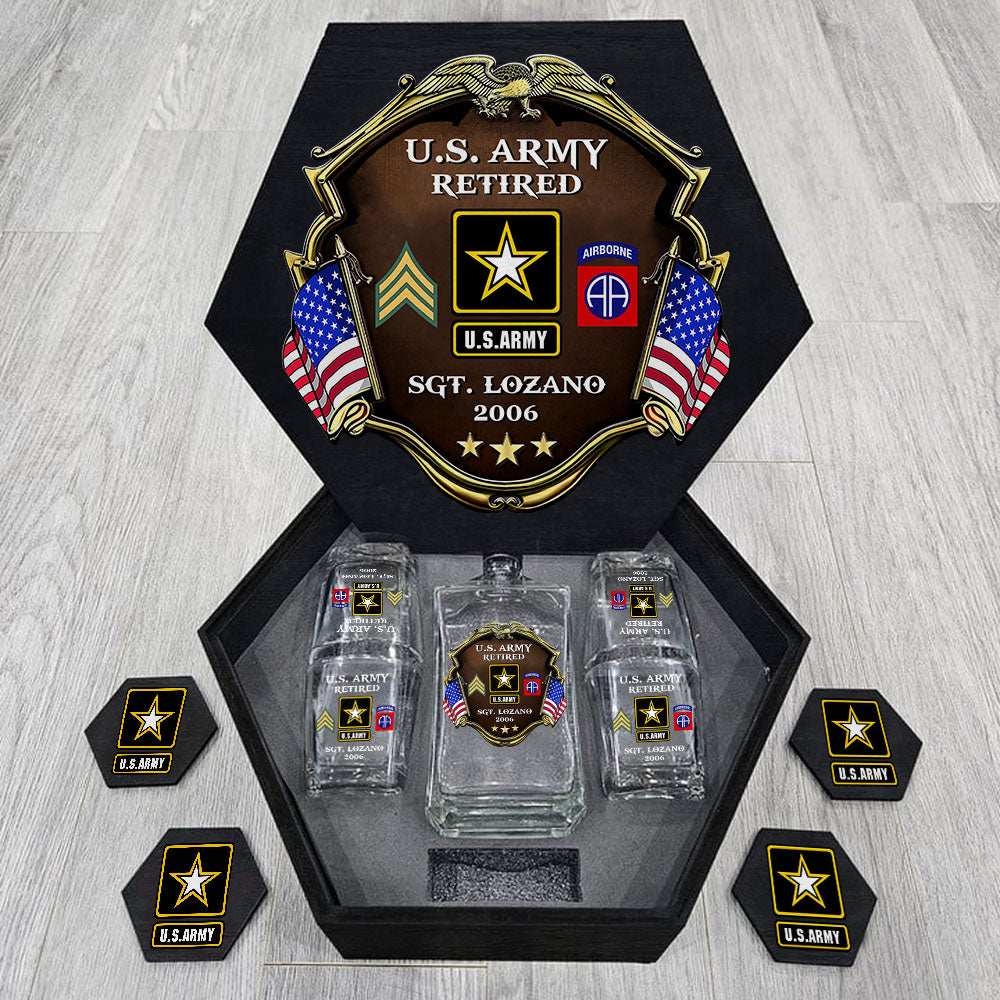 Custom Division Rank Year Of Service Whiskey Hexagon Decanter Set For Veteran Dad Grandpa Military Retirement Gift H2511