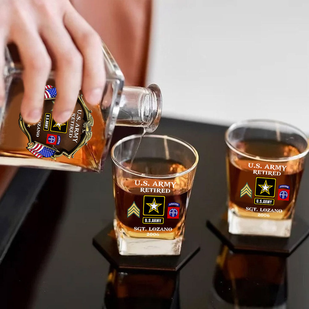 Custom Division Rank Year Of Service Whiskey Hexagon Decanter Set For Veteran Dad Grandpa Military Retirement Gift H2511