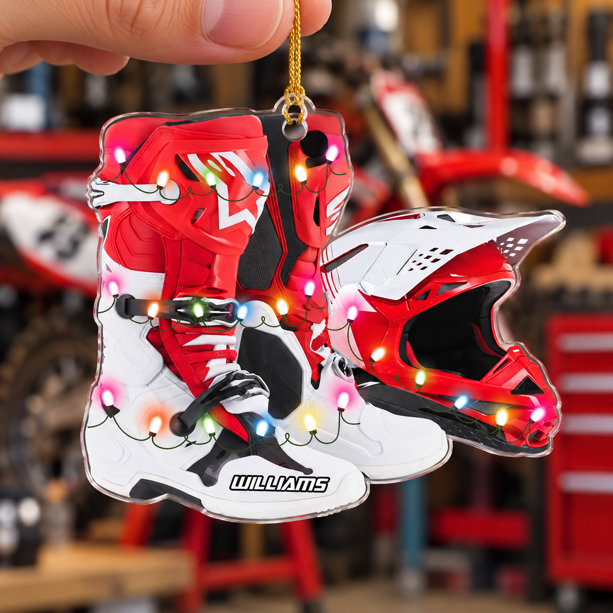 Personalized Ornament Motocross Boots Hemlet Custom Shaped Ornament, Made By Acrylic And The 2 Sides Are The Same H2511