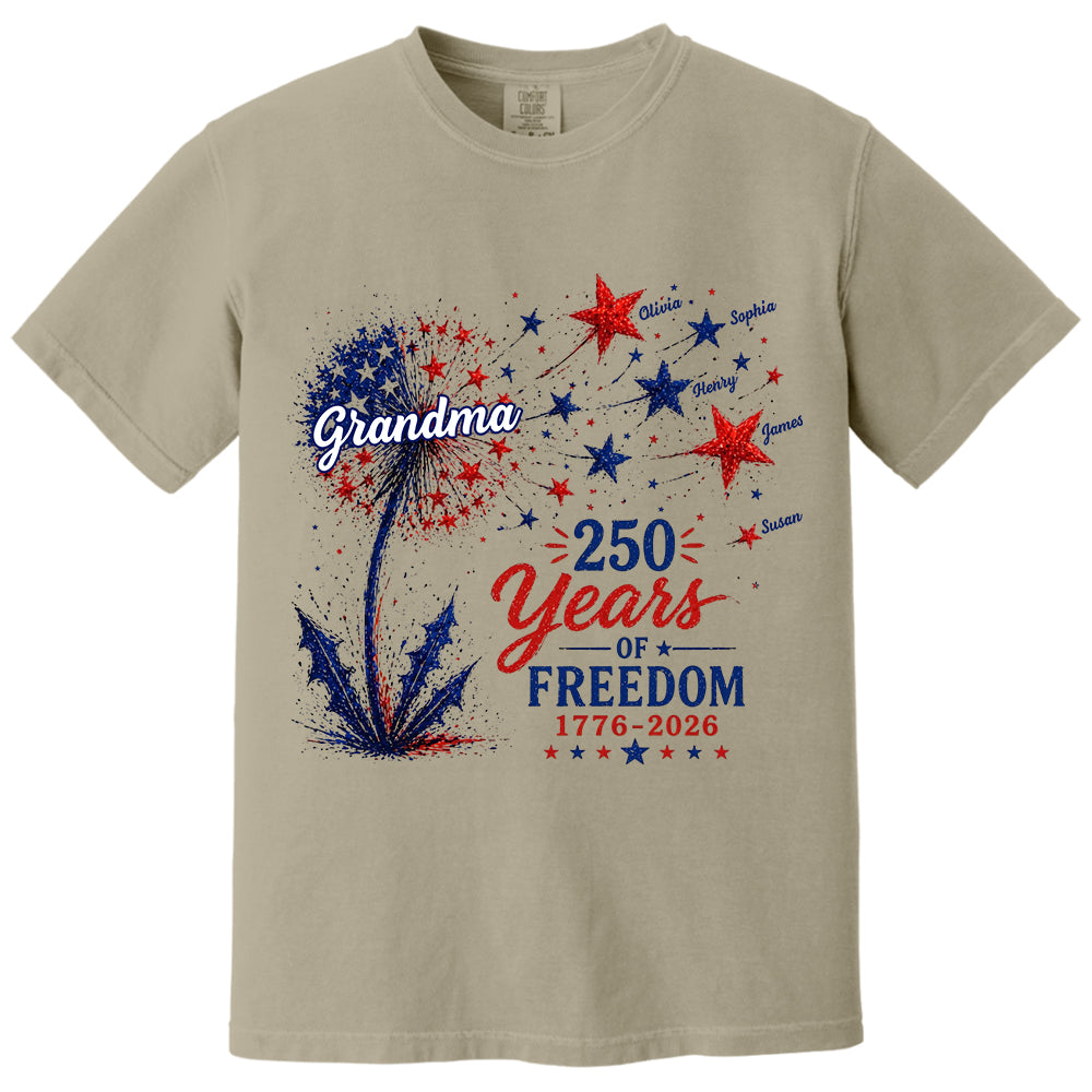 Custom Grandma Patriotic Dandelion 250th Anniversary Tee - Personalized Wild Flowers USA Flag 250 Years Of Freedom Shirt Gift for Grandma VH01