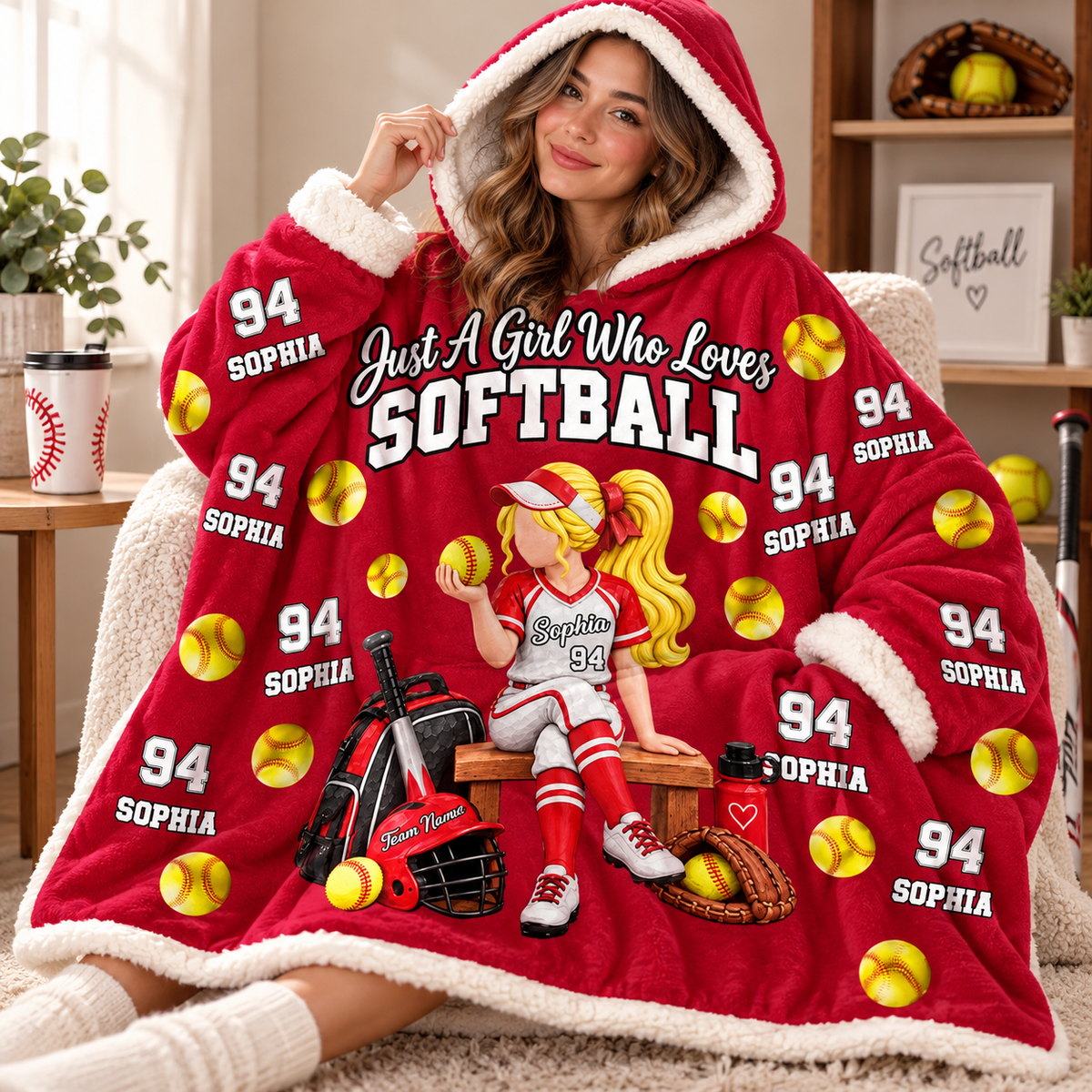Just A Girl Who Loves Softball, Personalized Softball Wearable Blanket Hoodie For Softball Lovers, Softball Players Ver2 MI209 T24 VN09