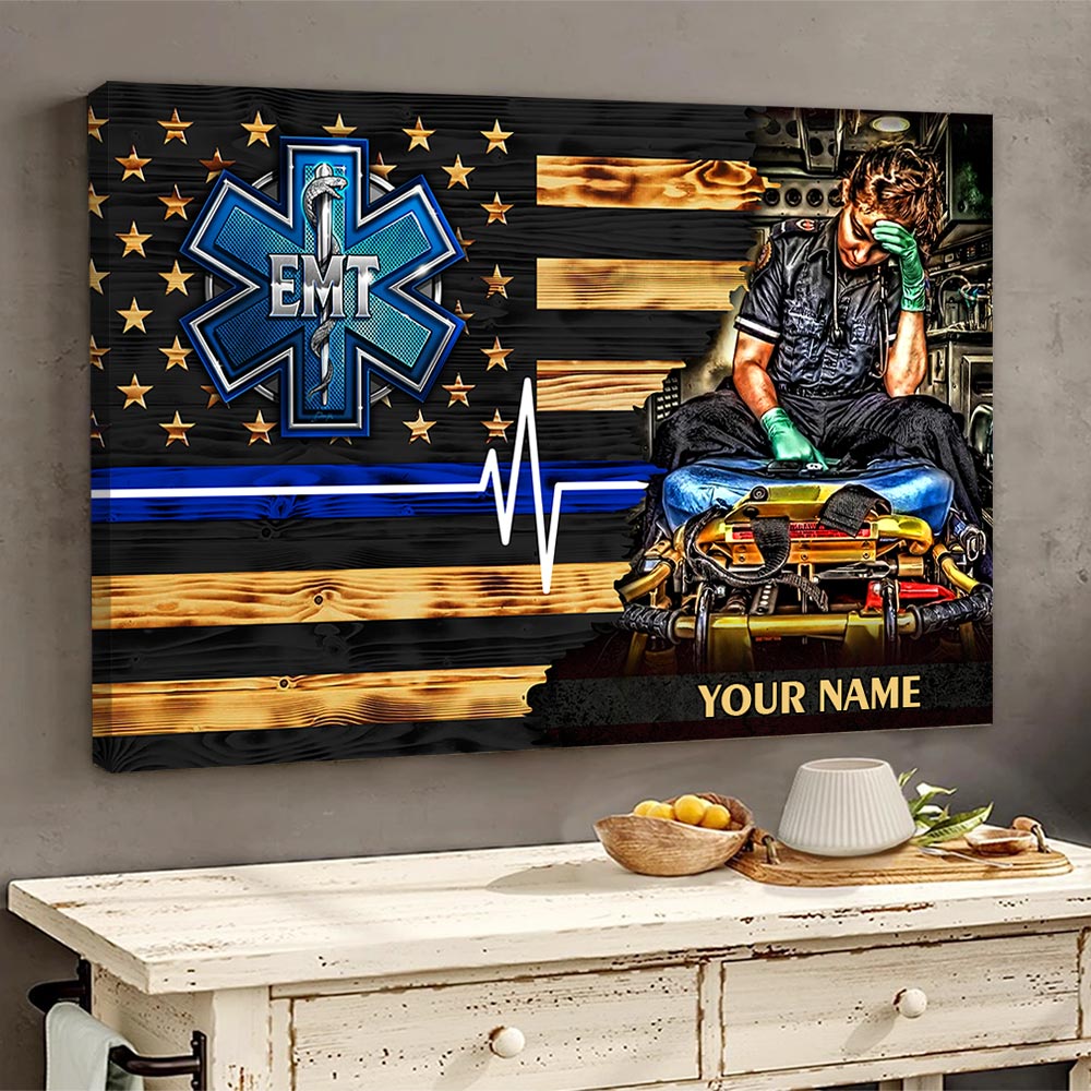 Personalized Poster Canvas For Emt Custom Name Poster Canvas For Emt Half Thin Blue Line H2511