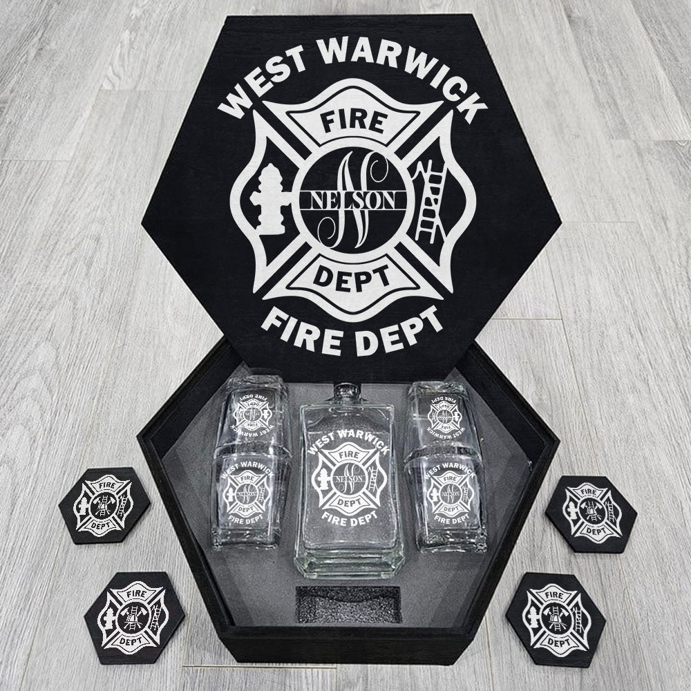 Personalized Firefighter Hexagon Decanter Set Full Custom Fire Department with Monogram for Firefighter Gift H2511