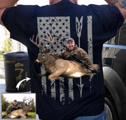 Custom Upload Photo Hunting Shirt with American Flag, Bow Hunting T-shirt, American Hunter Shirt, Hunting Gear for Men and Women, Father's Day Hunting Gift Pt99