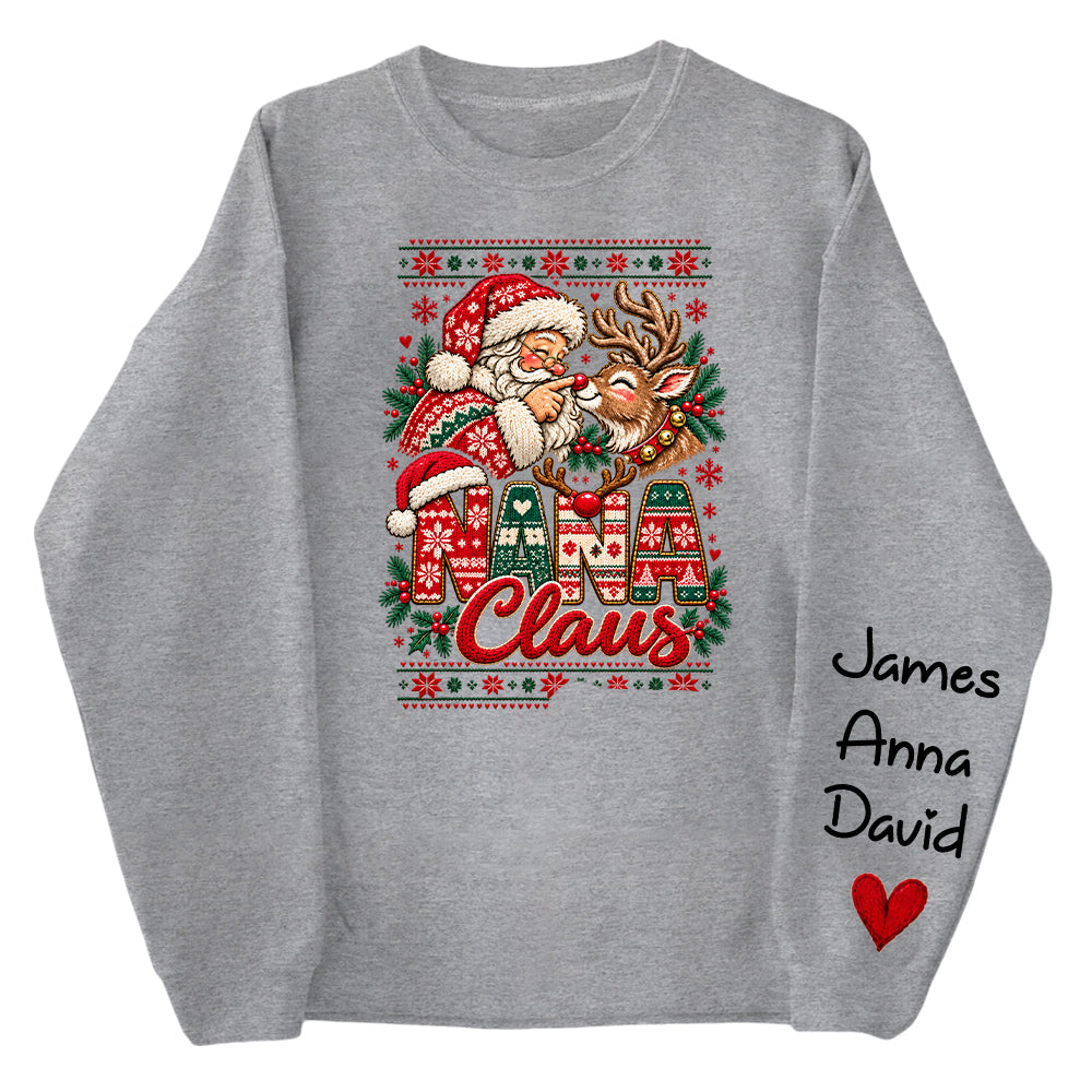 Custom Nana Claus Sweatshirt with Grandkids Names, Personalized Christmas Sweater, Cute Santa and Reindeer Holiday Crewneck C2408 Nh00 KL07
