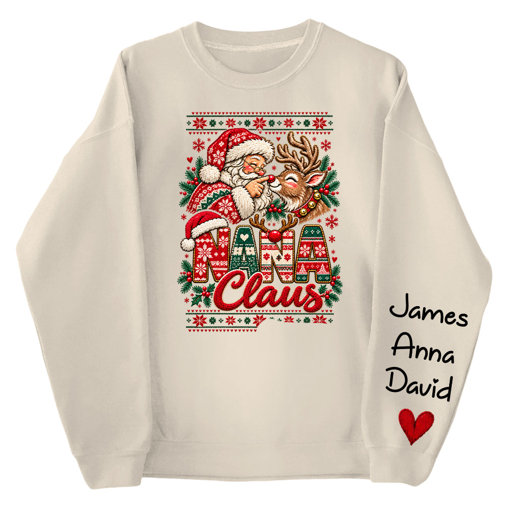 Custom Nana Claus Sweatshirt with Grandkids Names, Personalized Christmas Sweater, Cute Santa and Reindeer Holiday Crewneck C2408 Nh00 KL07