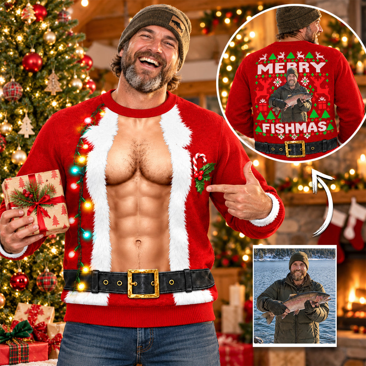 Custom Photo Merry Fishmas Ugly  Sweater, Gift For Fishing Lovers, Funny Xmas Gift L0411 Hv01