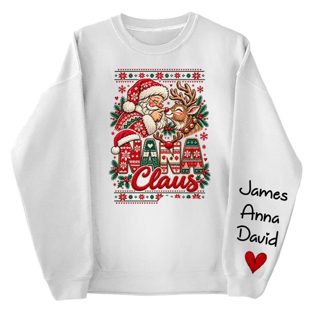 Custom Nana Claus Sweatshirt with Grandkids Names, Personalized Christmas Sweater, Cute Santa and Reindeer Holiday Crewneck C2408 Nh00 KL07