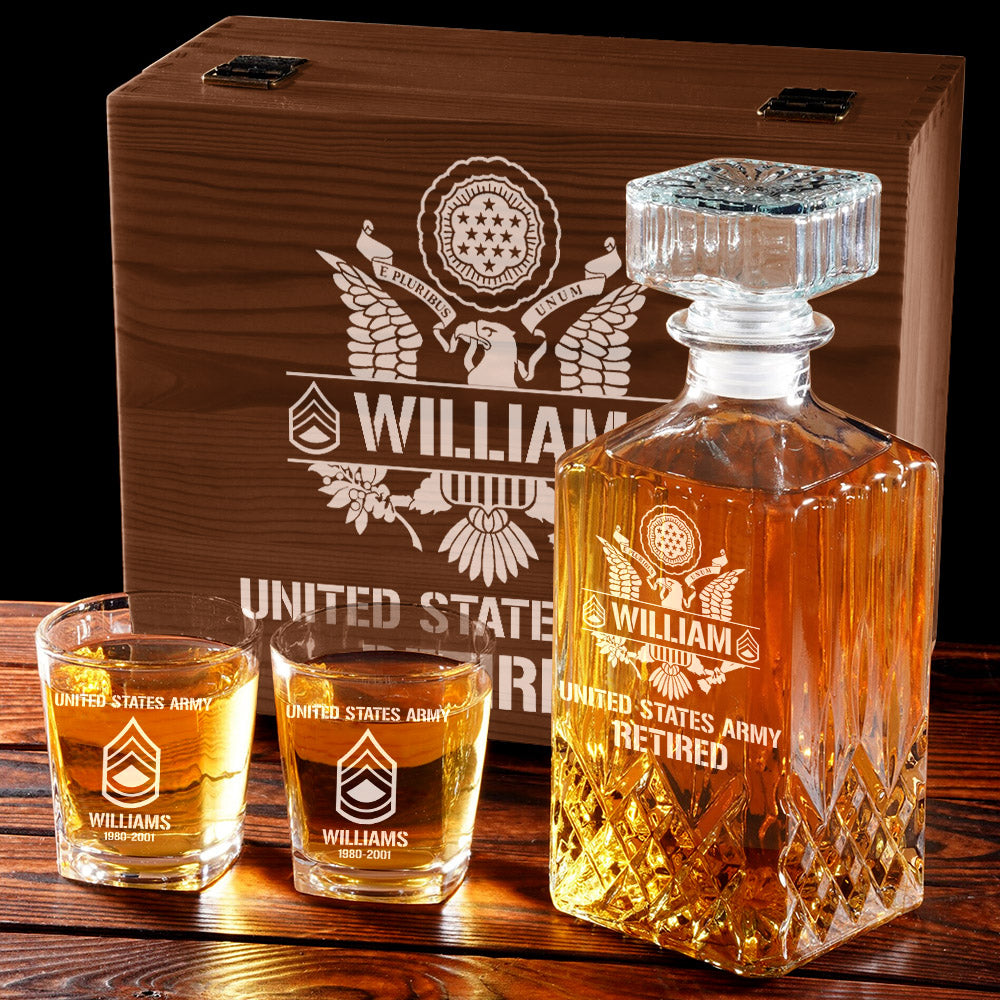 Custom All Branches Whiskey Decanter Set Gift for Veteran Military Retired H2511 Trna