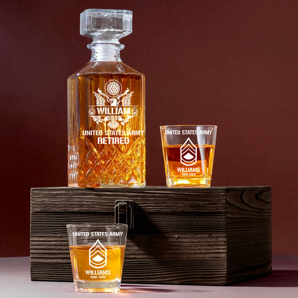Custom All Branches Whiskey Decanter Set Gift for Veteran Military Retired H2511 Trna
