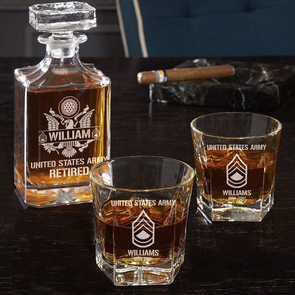 Custom All Branches Whiskey Decanter Set Gift for Veteran Military Retired H2511 Trna