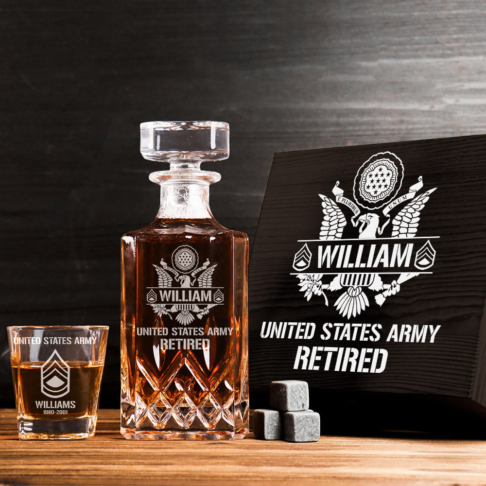 Custom All Branches Whiskey Decanter Set Gift for Veteran Military Retired H2511 Trna