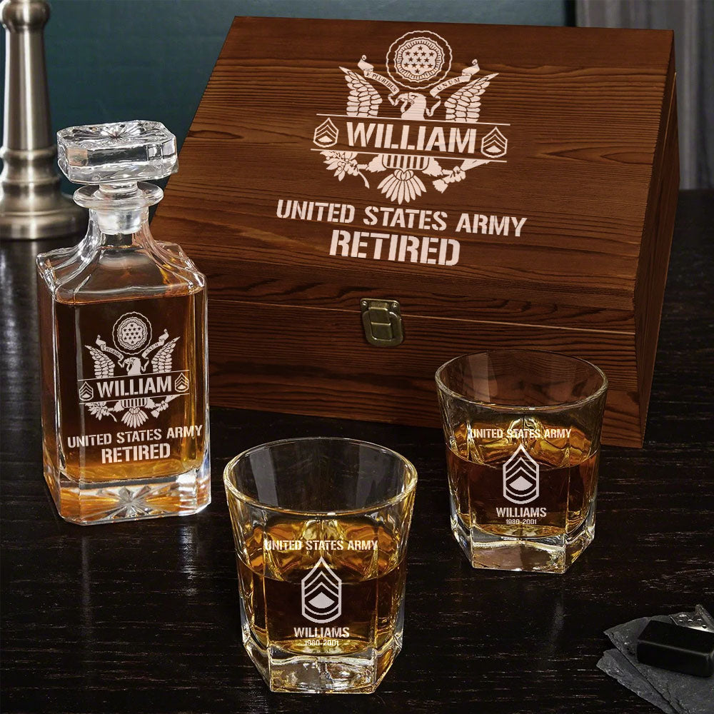 Custom All Branches Whiskey Decanter Set Gift for Veteran Military Retired H2511 Trna