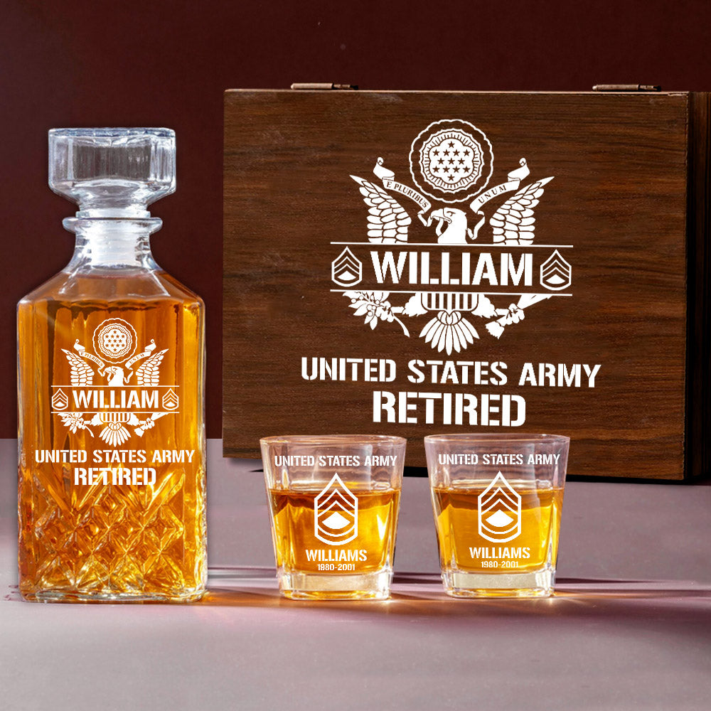 Custom All Branches Whiskey Decanter Set Gift for Veteran Military Retired H2511 Trna