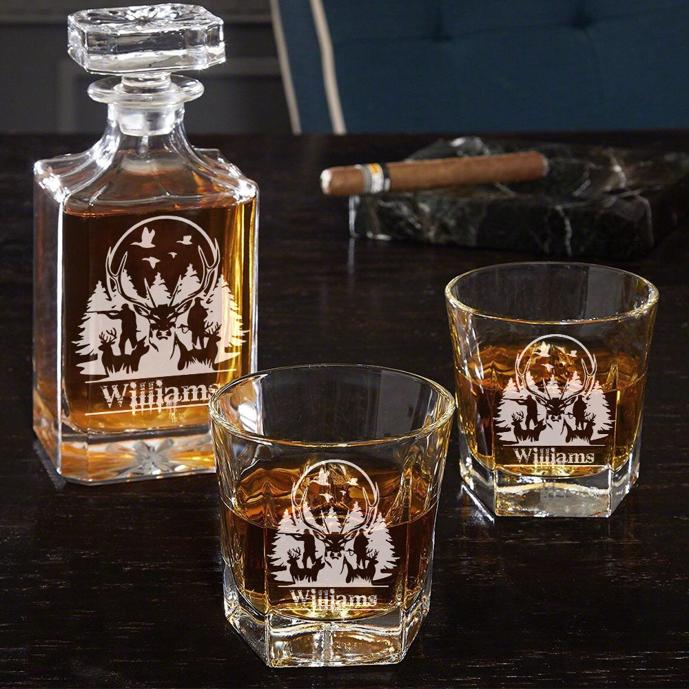 Custom Name Whiskey Decanter Set Gift for Deer Hunter Outdoor Hunting Set H2511
