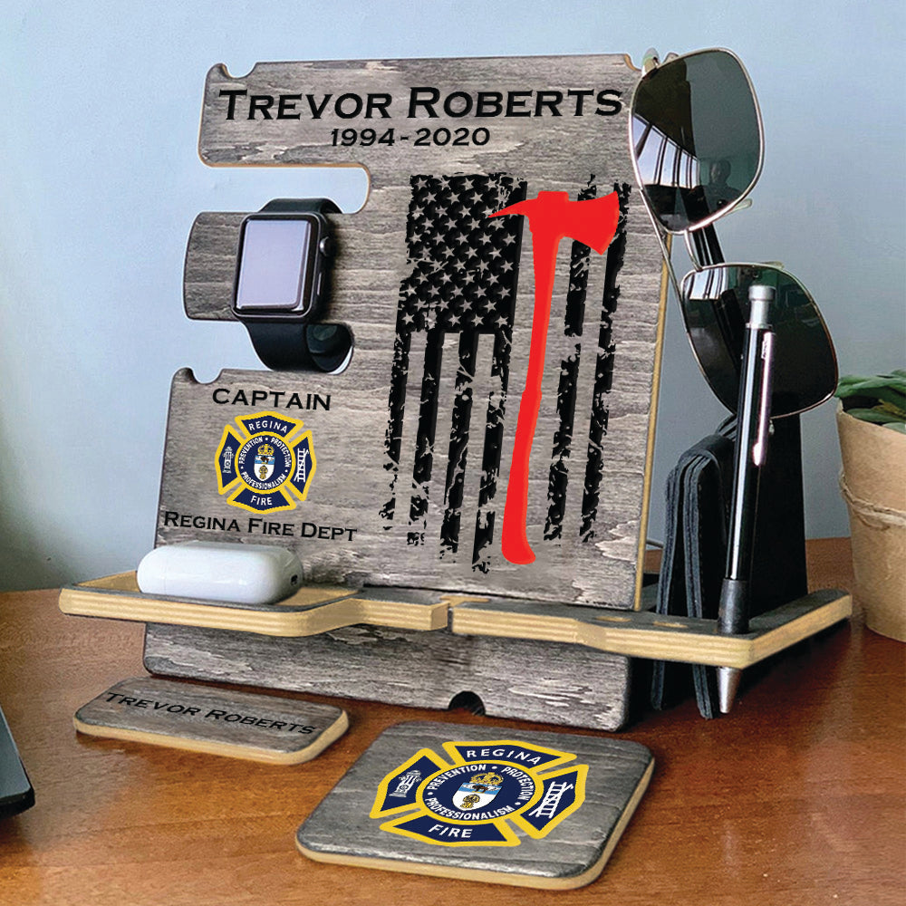 Personalized Gift for Firefighter Wood Docking Station Desk Organizer Custom Fireman Gift Phone Stand H2511