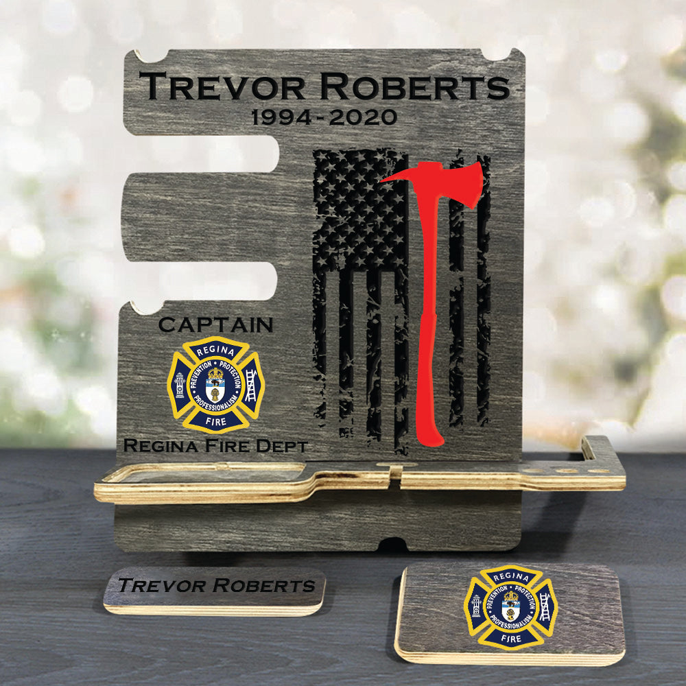 Personalized Gift for Firefighter Wood Docking Station Desk Organizer Custom Fireman Gift Phone Stand H2511