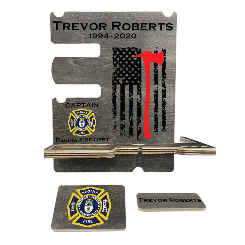 Personalized Gift for Firefighter Wood Docking Station Desk Organizer Custom Fireman Gift Phone Stand H2511