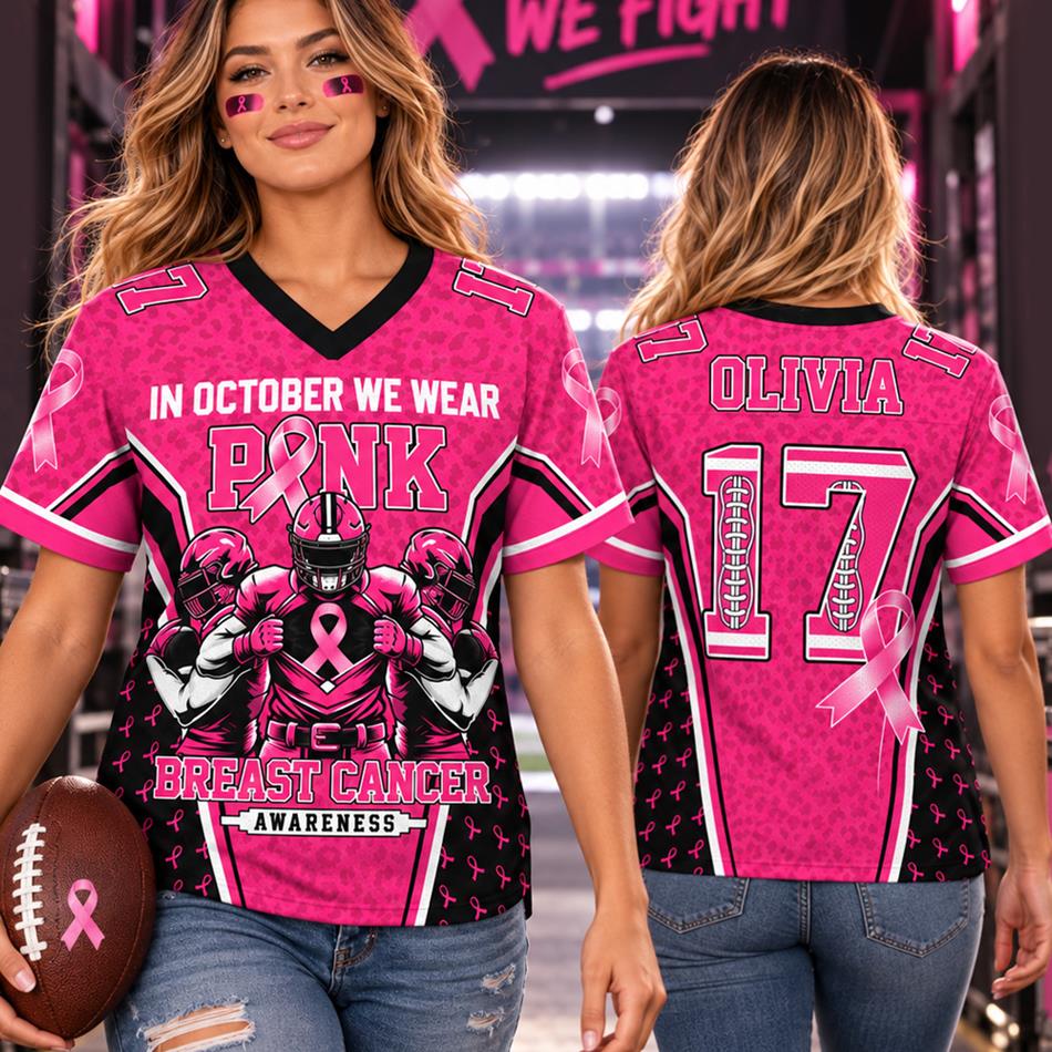 Custom In October We Wear Pink Football Jersey Breast Cancer Awareness Football Jersey Personalized Name & Number Shirt H2511 Trna