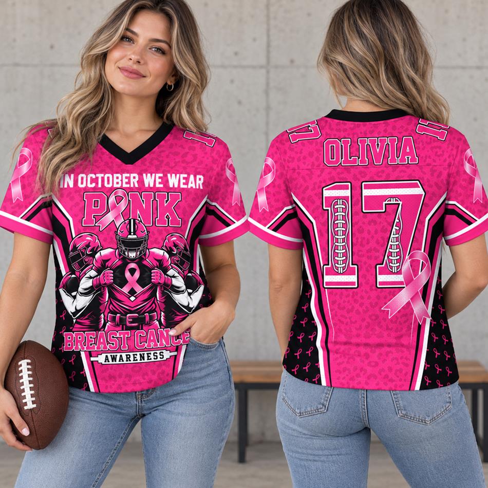 Custom In October We Wear Pink Football Jersey Breast Cancer Awareness Football Jersey Personalized Name & Number Shirt H2511 Trna