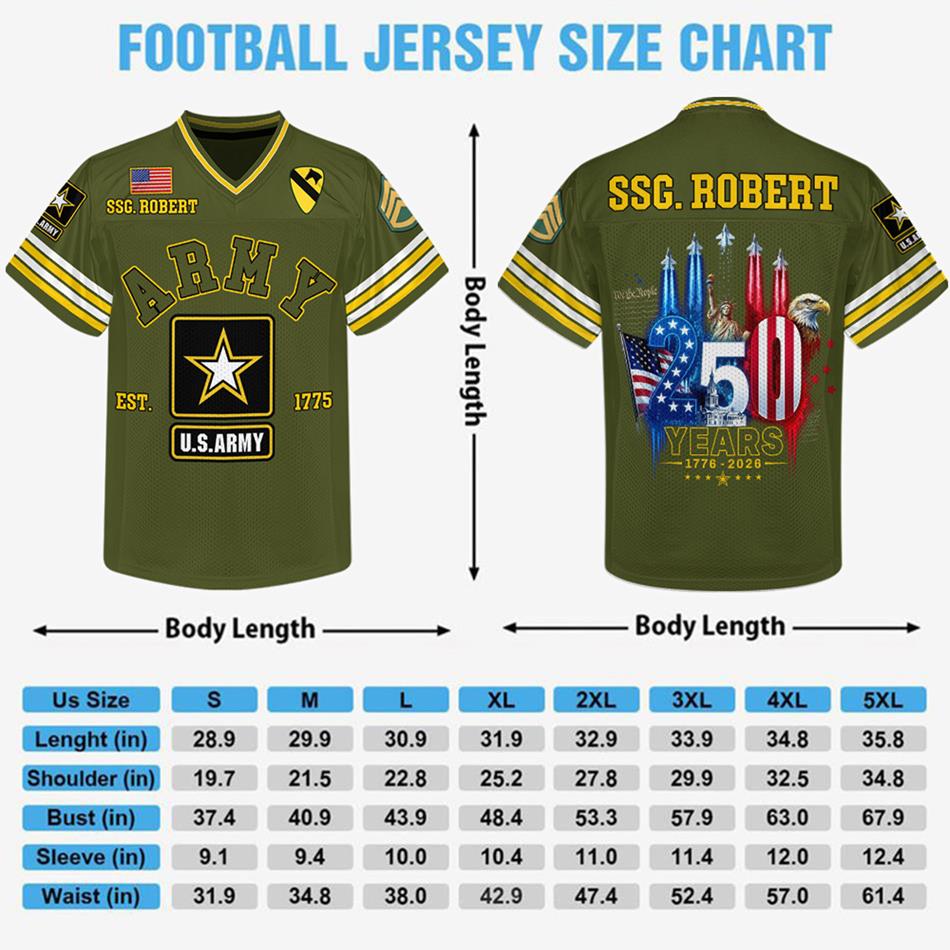 US Military 250th Aniversary Football Jersey Custom All Branches Rank Division Name For Military Retirement Veteran Dad Grandpa H2511 Trna