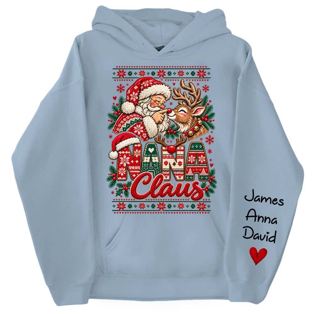 Custom Nana Claus Sweatshirt with Grandkids Names, Personalized Christmas Sweater, Cute Santa and Reindeer Holiday Crewneck C2408 Nh00 KL07