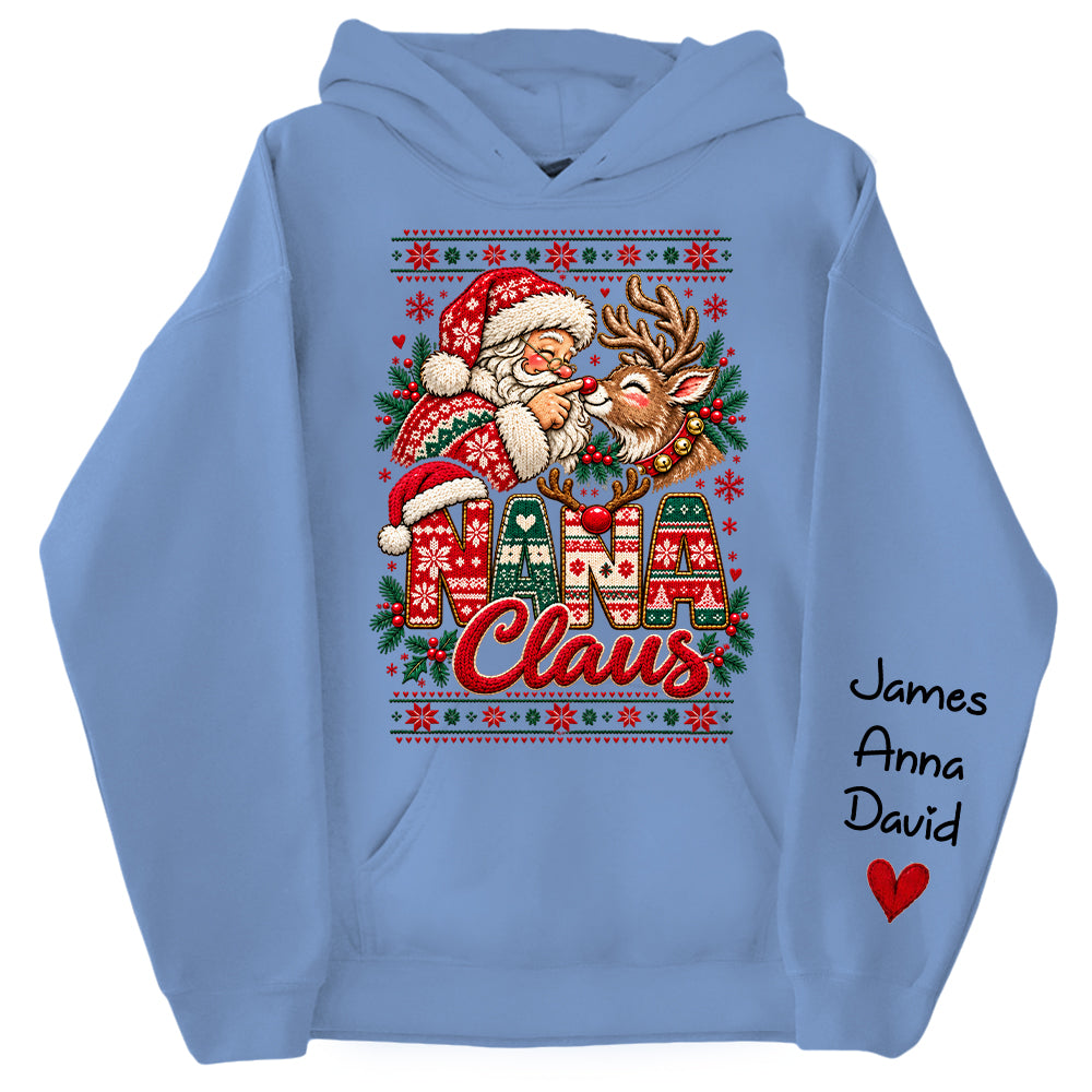 Custom Nana Claus Sweatshirt with Grandkids Names, Personalized Christmas Sweater, Cute Santa and Reindeer Holiday Crewneck C2408 Nh00 KL07