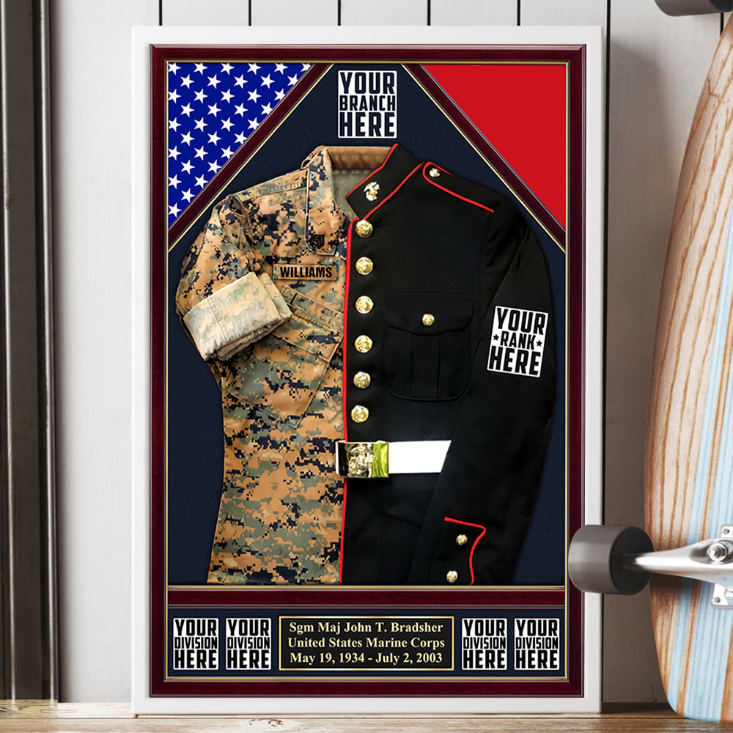 U.S. Military Shadow Boxes Camouflage and Dress Blues Uniform Personalized Poster Canvas For Military Veteran H2511