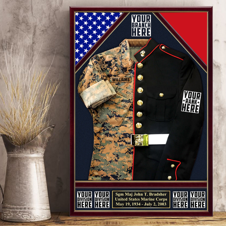 U.S. Military Shadow Boxes Camouflage and Dress Blues Uniform Personalized Poster Canvas For Military Veteran H2511