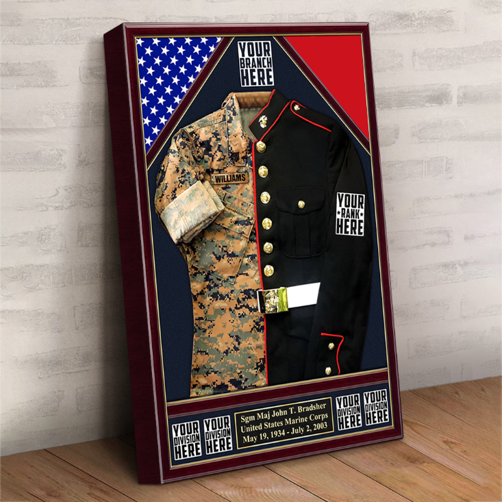 U.S. Military Shadow Boxes Camouflage and Dress Blues Uniform Personalized Poster Canvas For Military Veteran H2511