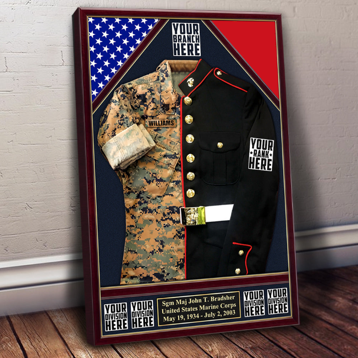 U.S. Military Shadow Boxes Camouflage and Dress Blues Uniform Personalized Poster Canvas For Military Veteran H2511