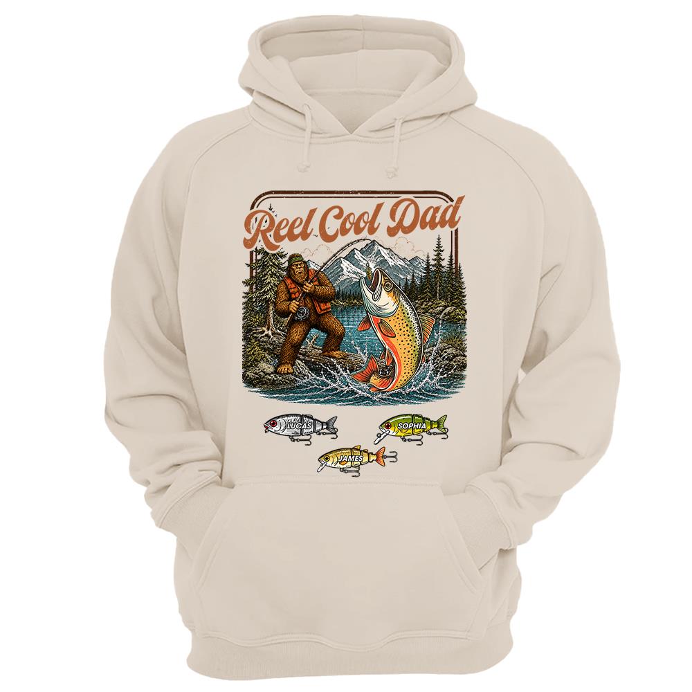 Reel Cool Dad Bigfoot Fishing Shirt, Personalized Dad Shirt With Custom Kids, Bigfoot Fisherman Father's Day Gift, Gift for Dad Na02 Nh00