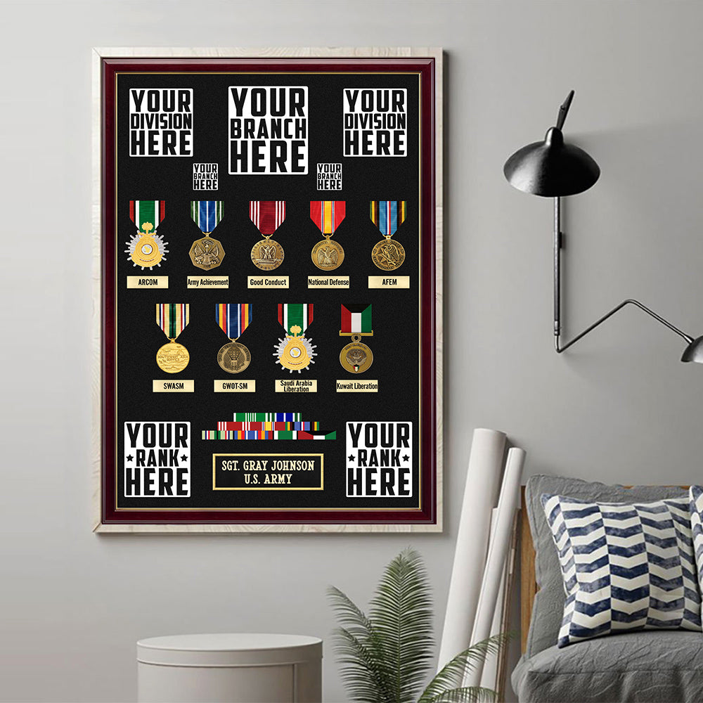 Military Shadow Boxes Personalized Poster Canvas For Veteran Custom Medals Ribbons Rank Division Gift For Veteran Dad Grandpa H2511