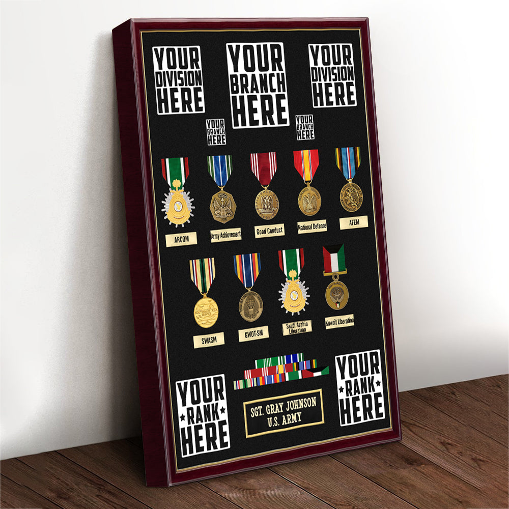 Military Shadow Boxes Personalized Poster Canvas For Veteran Custom Medals Ribbons Rank Division Gift For Veteran Dad Grandpa H2511