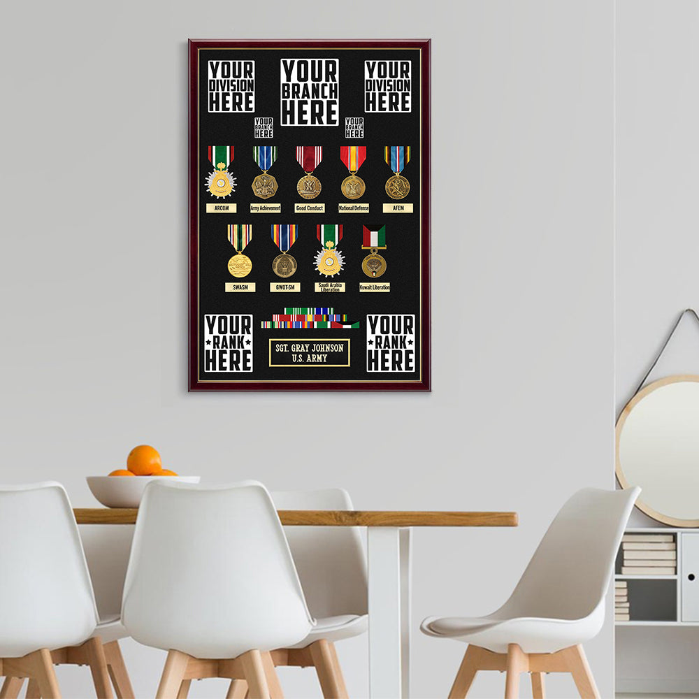 Military Shadow Boxes Personalized Poster Canvas For Veteran Custom Medals Ribbons Rank Division Gift For Veteran Dad Grandpa H2511