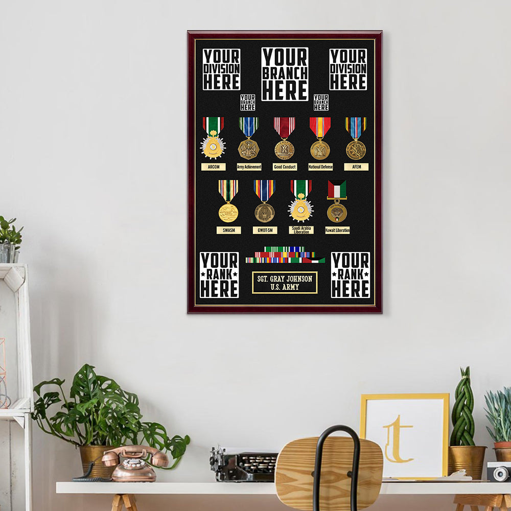 Military Shadow Boxes Personalized Poster Canvas For Veteran Custom Medals Ribbons Rank Division Gift For Veteran Dad Grandpa H2511