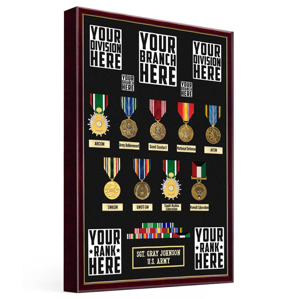 Military Shadow Boxes Personalized Poster Canvas For Veteran Custom Medals Ribbons Rank Division Gift For Veteran Dad Grandpa H2511