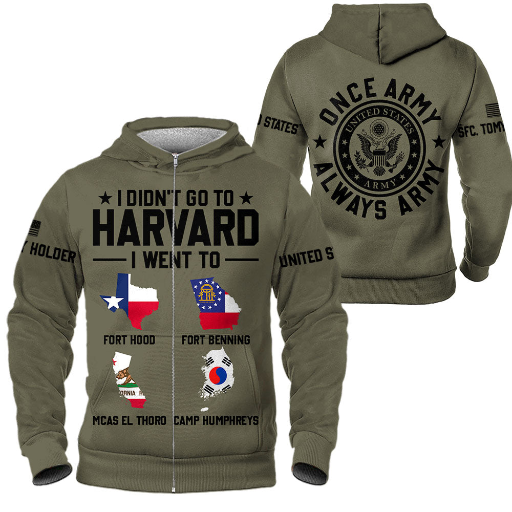Personalized All Over Print Shirt For Patriotic Veterans - I Didn't Go To Harvard I Went To Military Base Location Once Army Always Army H2511