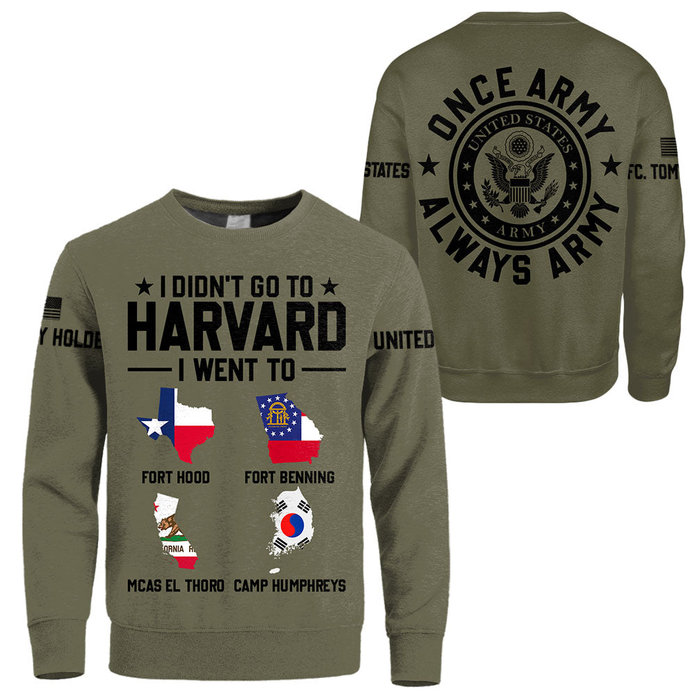 Personalized All Over Print Shirt For Patriotic Veterans - I Didn't Go To Harvard I Went To Military Base Location Once Army Always Army H2511