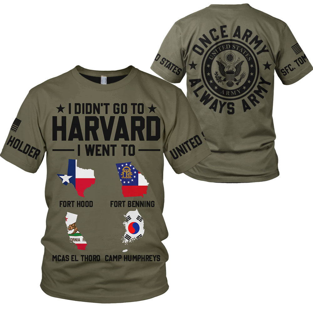 Personalized All Over Print Shirt For Patriotic Veterans - I Didn't Go To Harvard I Went To Military Base Location Once Army Always Army H2511