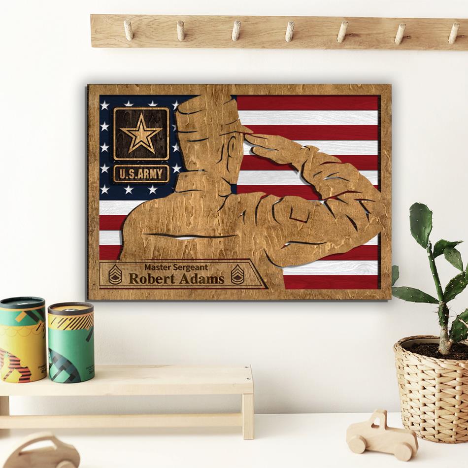 Custom Wooden Plaque Sign For Military Soldier Saluting American Flag Plaque Sign Gift For Military Family Veteran Gift H2511