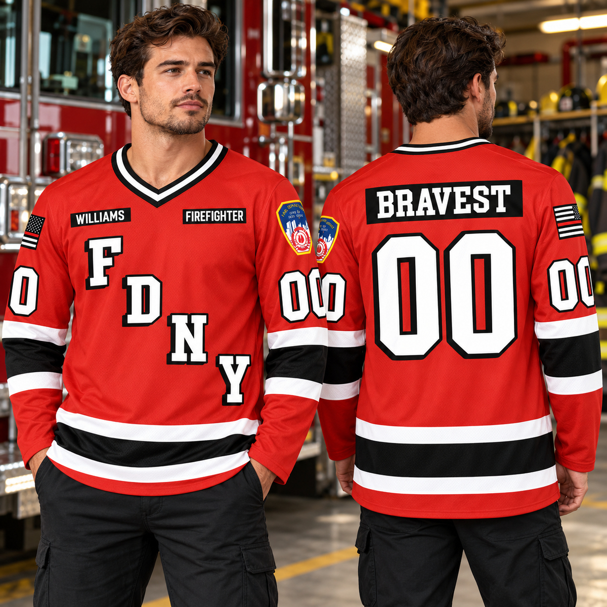 Premium Hockey Jersey For US Firefighter Custom Dept Name Number Thin Red Line Flag H2511
