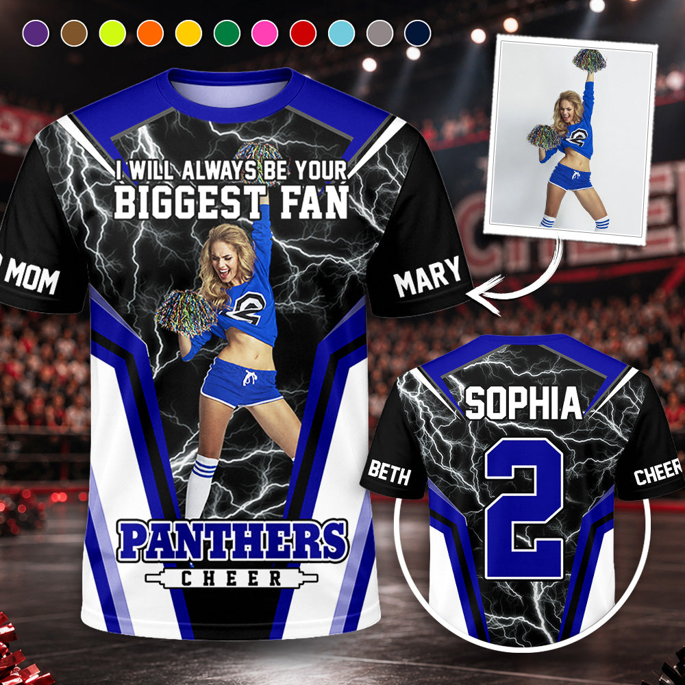 Personalized Cheer Mom Shirt, I’ll Always Be Your Biggest Fan, Custom Player Name & Number All Over Print Game Day Shirt for Mom Grandma Family Hv01