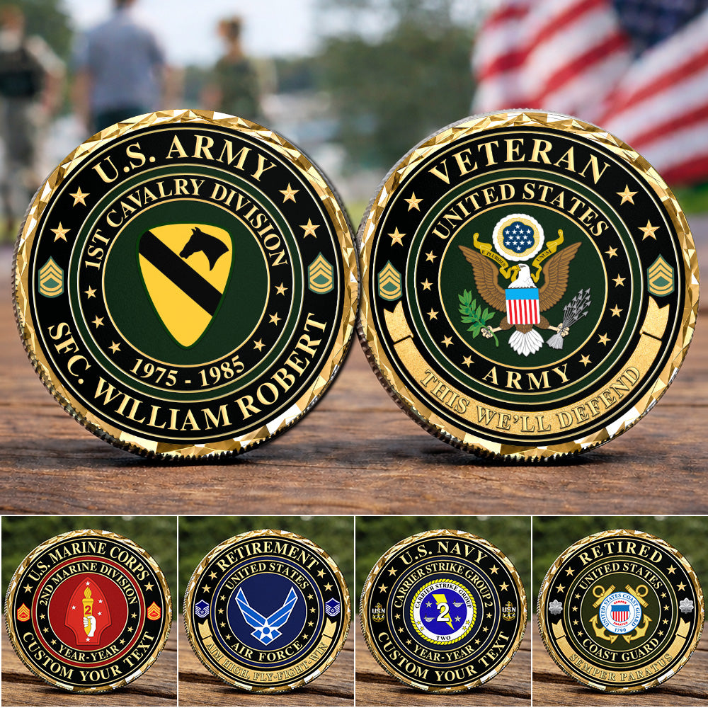 Personalized U.S. Army Veteran Challenge Coin, Custom Name, Division & Service Years, Military Retirement or Veterans Day Gift H2511 Trna
