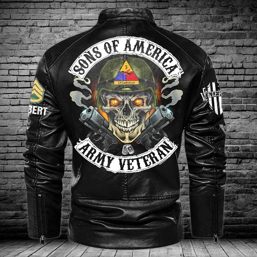 Skull Sons Of America US Army Veteran Custom Leather Jacket For Soldier Veteran H2511 Trna