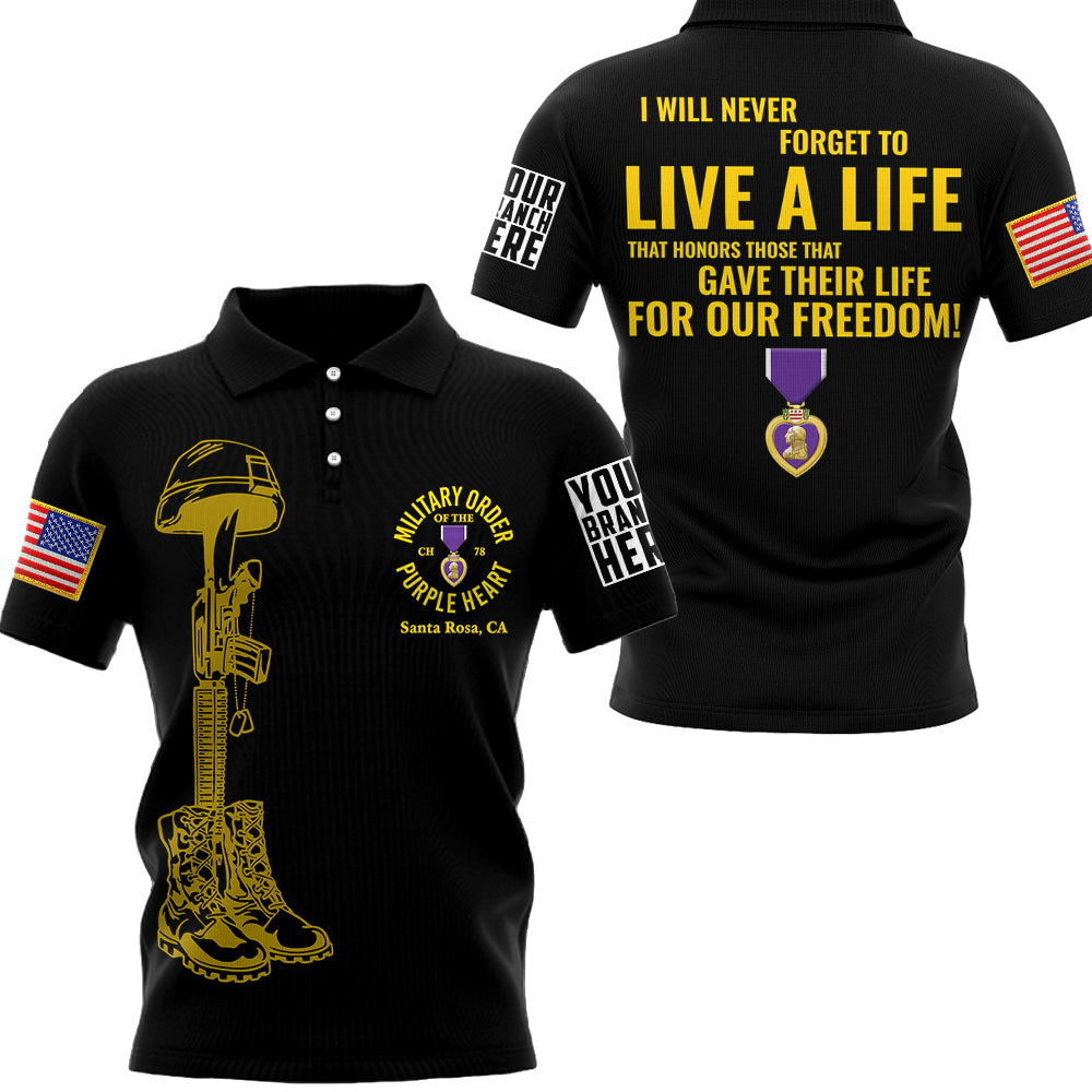 I Will Never Forget To Live A Life That Honors Those That Gave Their Life For Our Freedom All Over Print Polo For Veteran Purple Heart Day Shirt H2511