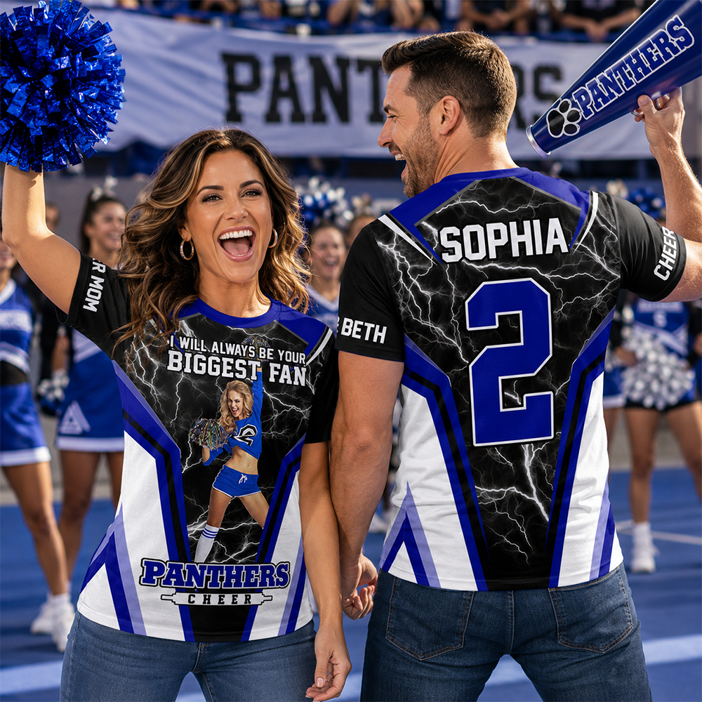 Personalized Cheer Mom Shirt, I’ll Always Be Your Biggest Fan, Custom Player Name & Number All Over Print Game Day Shirt for Mom Grandma Family Hv01