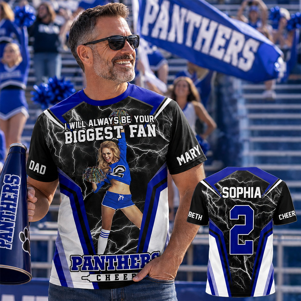 Personalized Cheer Mom Shirt, I’ll Always Be Your Biggest Fan, Custom Player Name & Number All Over Print Game Day Shirt for Mom Grandma Family Hv01
