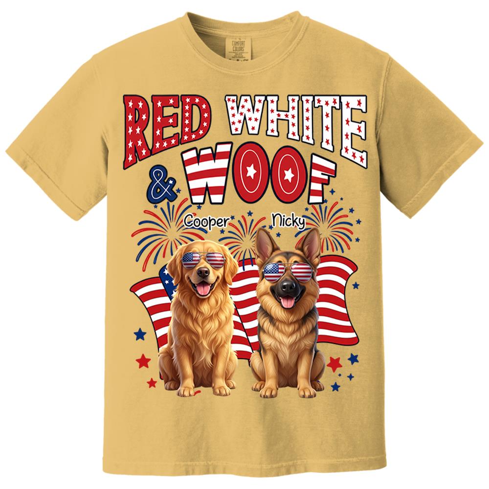 Red White Woof Personalized Shirt Patriotic American Flag Fireworks For Independence Day USA Custom Photo Dog Gift For Pet Lovers T1807 Nh00