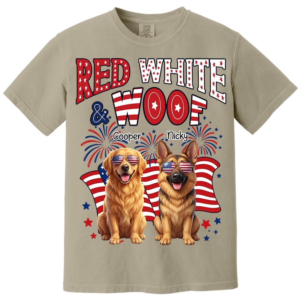 Red White Woof Personalized Shirt Patriotic American Flag Fireworks For Independence Day USA Custom Photo Dog Gift For Pet Lovers T1807 Nh00